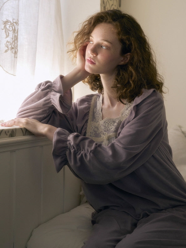 Lavender Velvet Lace Ruffle Loungewear Set