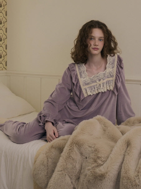 Lavender Velvet Lace Ruffle Loungewear Set