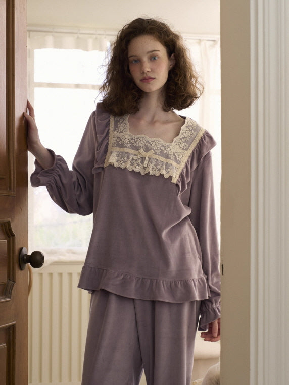 Lavender Velvet Lace Ruffle Loungewear Set