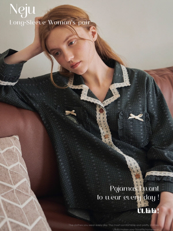 Evergreen Lace Trim Vintage Pajama Set