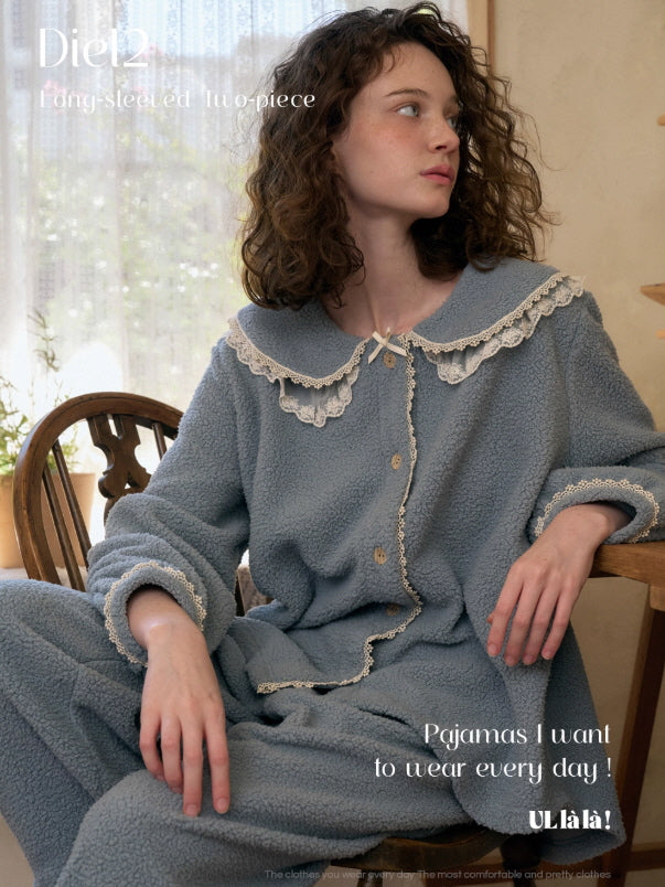 Dusty Blue Lace Collar Fleece Pajama