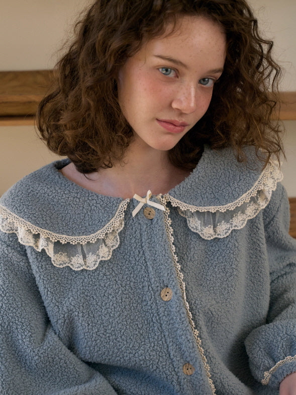 Dusty Blue Lace Collar Fleece Pajama
