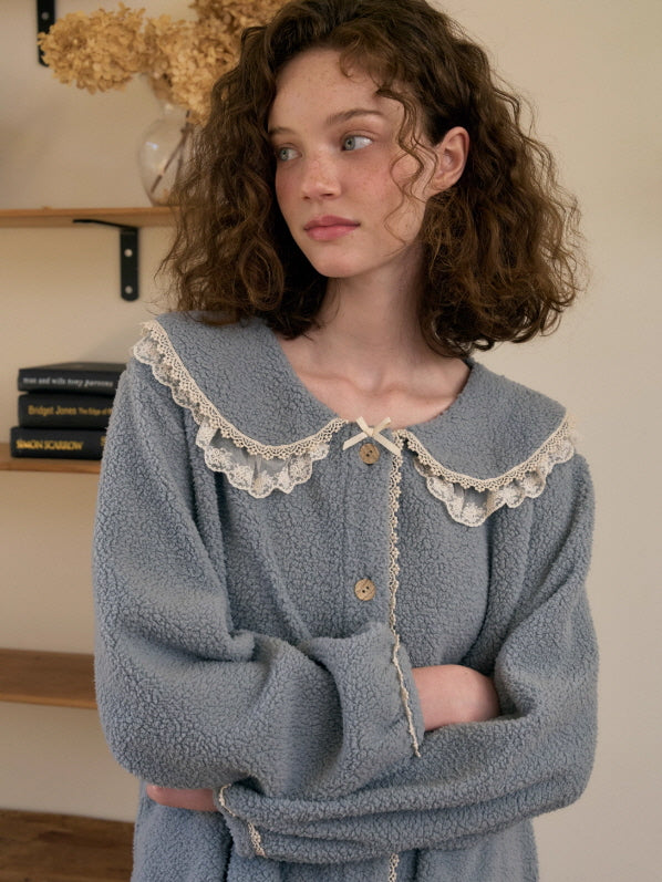 Dusty Blue Lace Collar Fleece Pajama