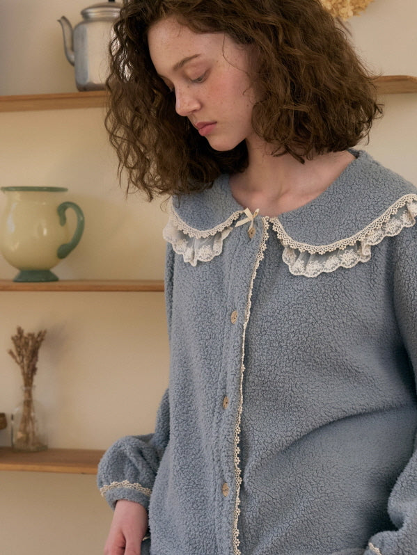 Dusty Blue Lace Collar Fleece Pajama