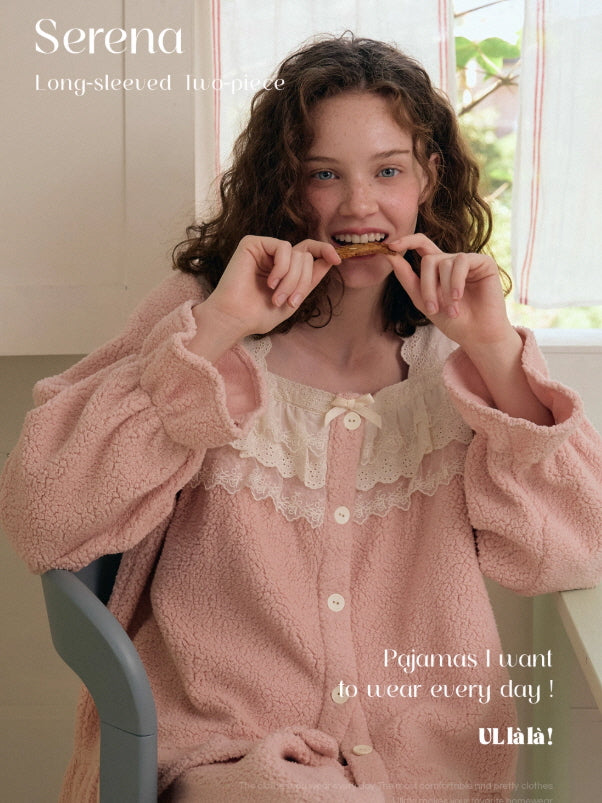 Blush Lace Ruffle Fleece Pajama