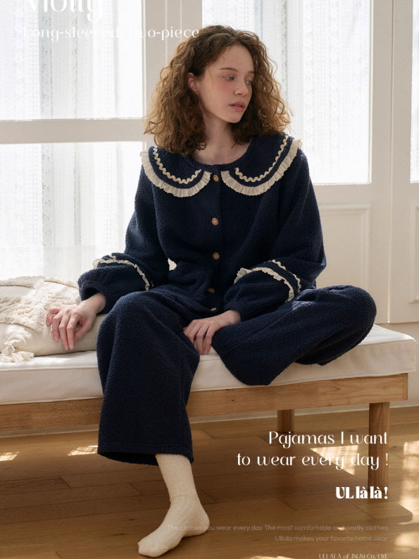 Navy Ruffle Collar Fleece Pajama