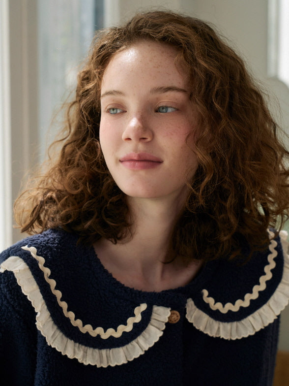 Navy Ruffle Collar Fleece Pajama