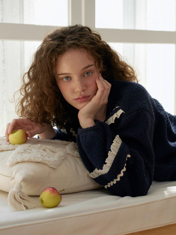 Navy Ruffle Collar Fleece Pajama