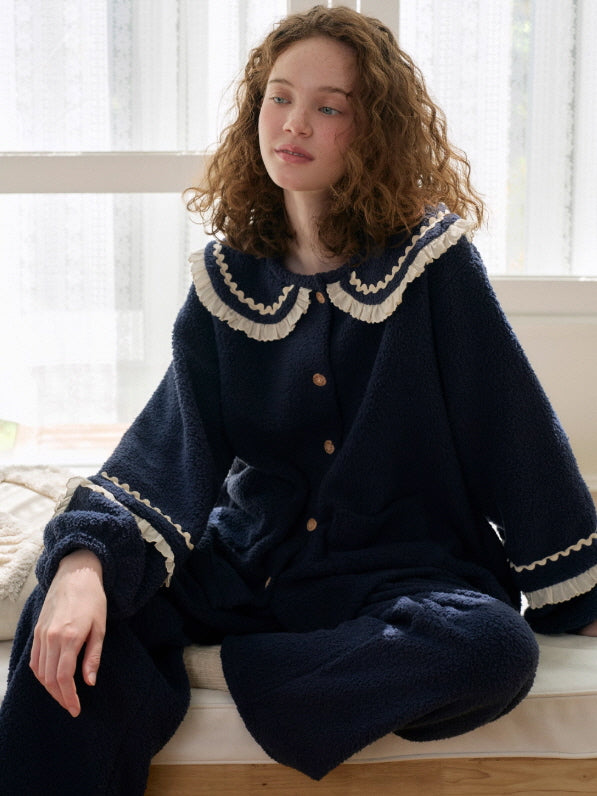 Navy Ruffle Collar Fleece Pajama