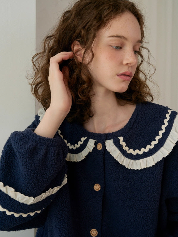 Navy Ruffle Collar Fleece Pajama