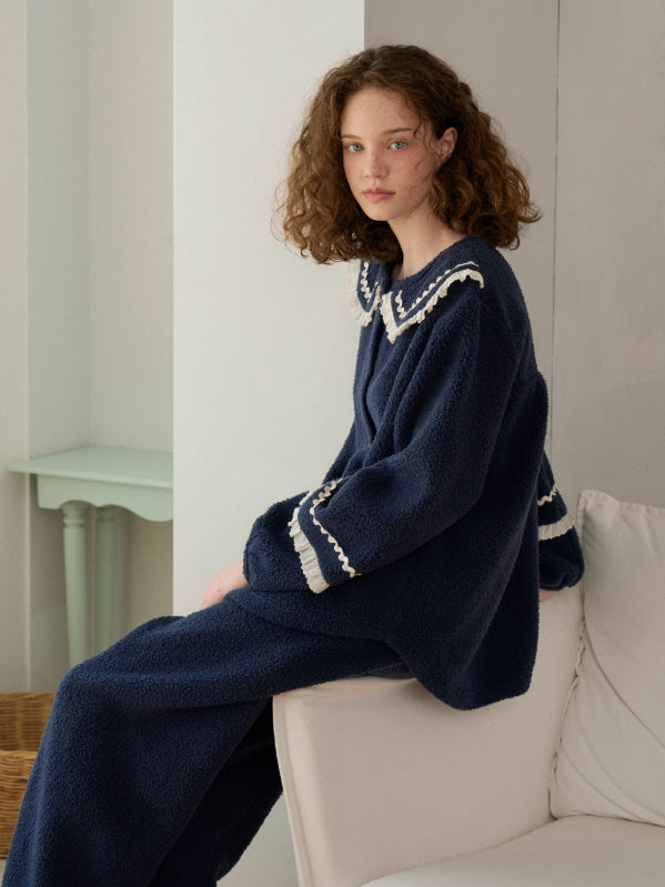 Navy Ruffle Collar Fleece Pajama