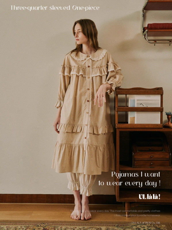 Beige Gingham Lace Ruffle Nightgown