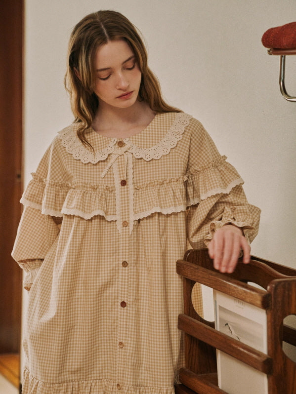 Beige Gingham Lace Ruffle Nightgown