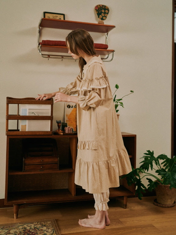 Beige Gingham Lace Ruffle Nightgown