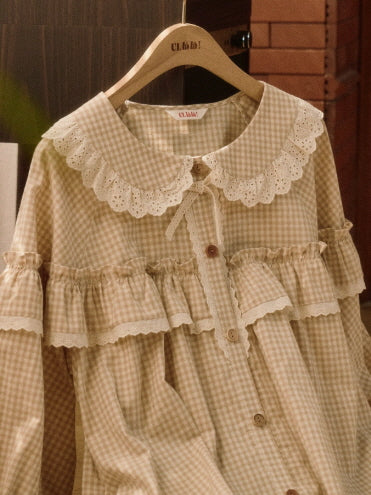 Beige Gingham Lace Ruffle Nightgown