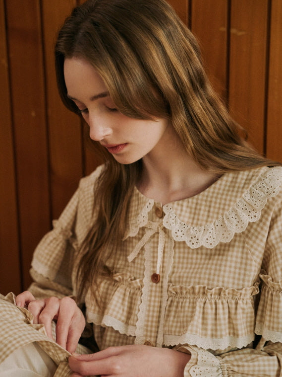 Beige Gingham Lace Ruffle Nightgown