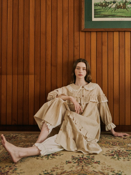 Beige Gingham Lace Ruffle Nightgown