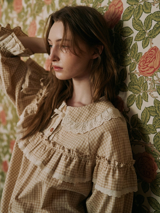 Beige Gingham Ruffle Cotton Pajama Set