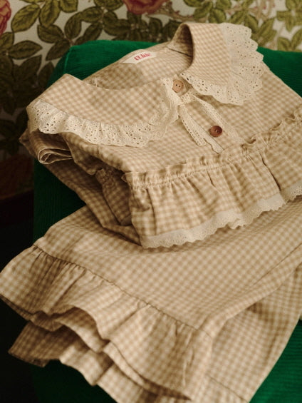 Beige Gingham Ruffle Cotton Pajama Set