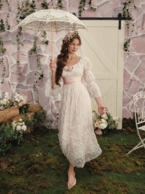 Soft Crinkled Chiffon Rose Dress – fairycore princess vintage
