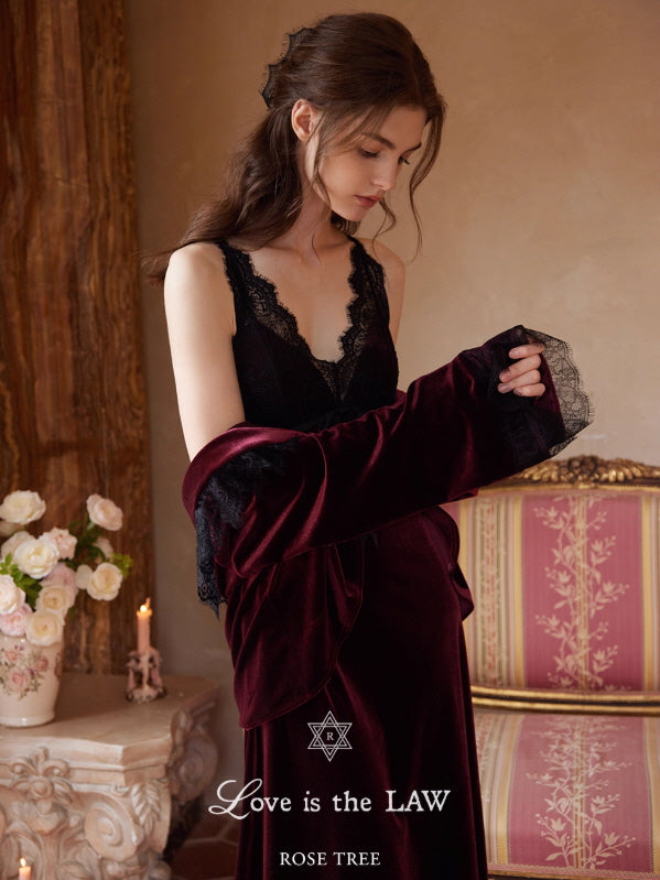Crimson Velvet Lace Nightgown Set