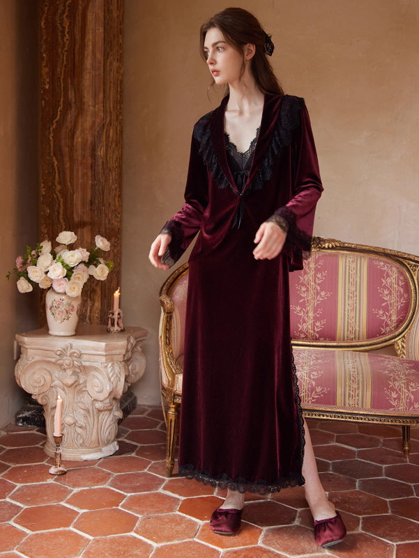 Crimson Velvet Lace Nightgown Set