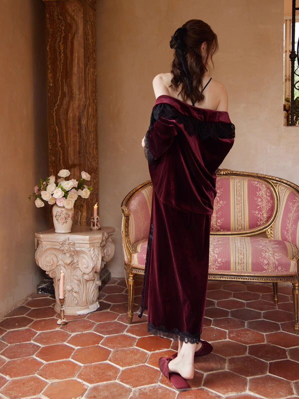Crimson Velvet Lace Nightgown Set