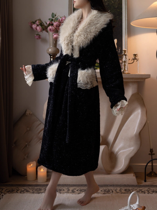 Fur Robe Bottom Half Fur Collar Black Winter Robe – Cozy Vintage Loungewear | Romantic Fairytale