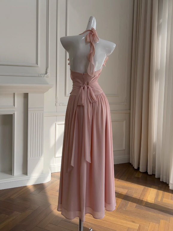 Ruffle Halter Chiffon Party Dress – Rose Waist Detail