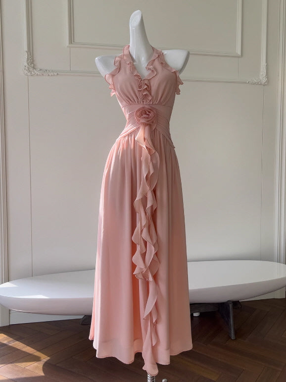 Rosy Whispers Ruffle Chiffon Dress