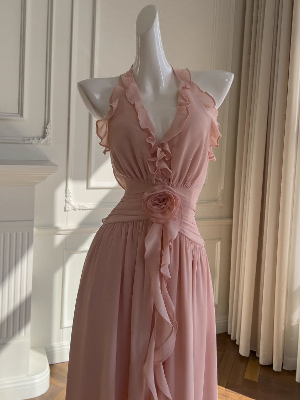 Rosy Whispers Ruffle Chiffon Dress