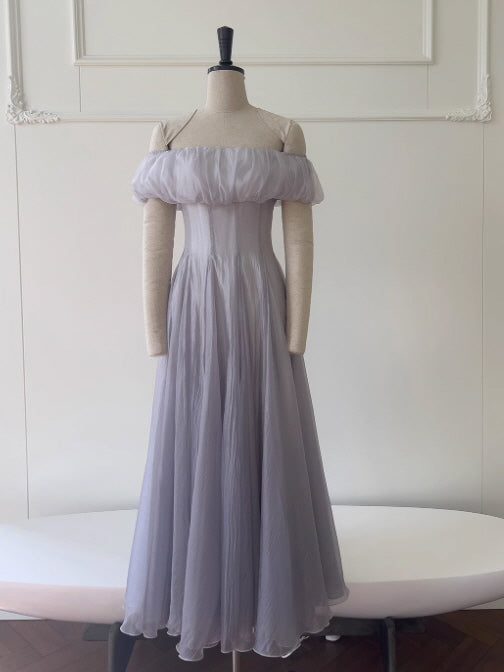 Moonlit Silver-Lavender Off-Shoulder Chiffon Dress