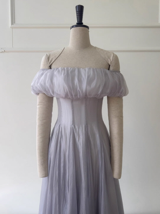 Moonlit Silver-Lavender Off-Shoulder Chiffon Dress