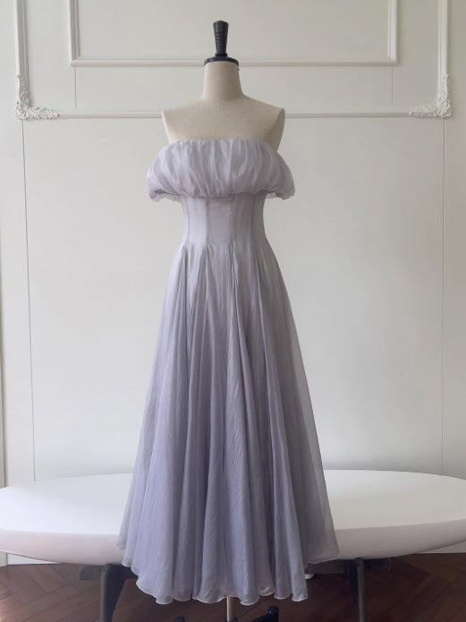 Moonlit Silver-Lavender Off-Shoulder Chiffon Dress