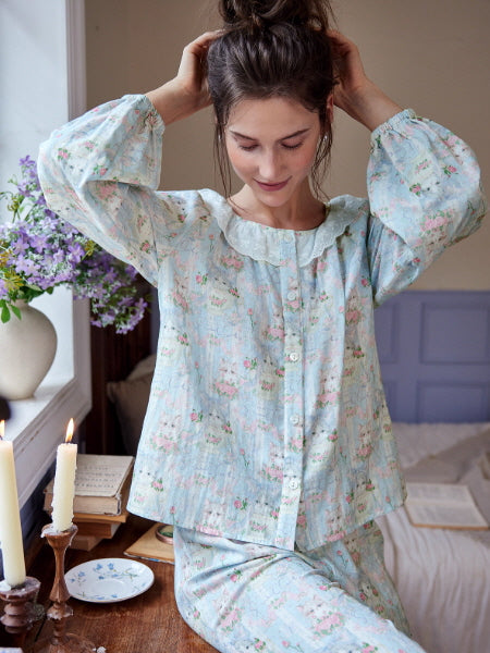 Pastel Meadow Cat Print Ruffle Loungewear Set