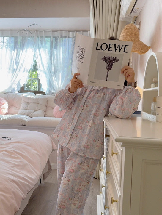 Pastel Meadow Cat Print Ruffle Loungewear Set