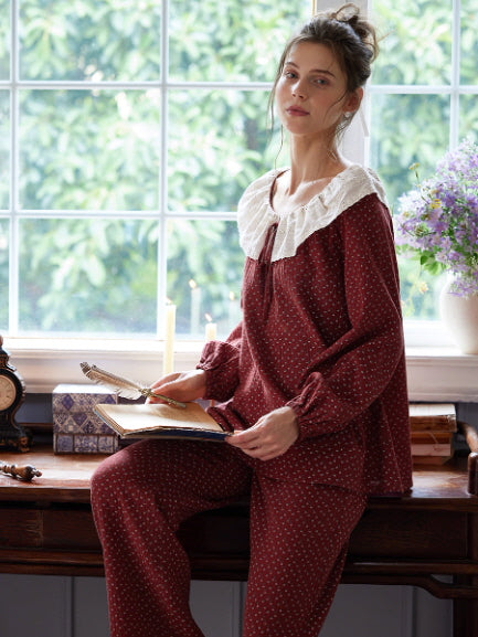 Vintage Rose Collar Burgundy Loungewear Set