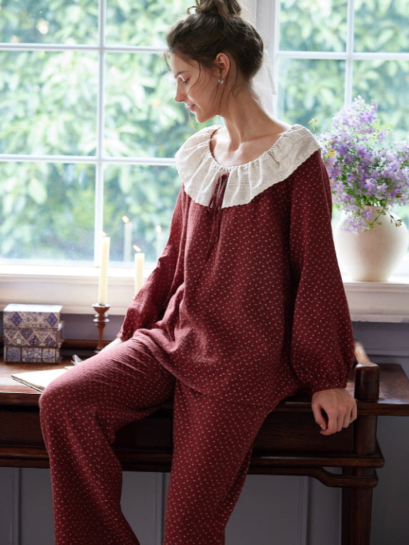 Vintage Rose Collar Burgundy Loungewear Set