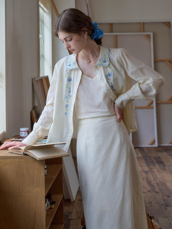 Blue Meadow Embroidered Collar Blouse