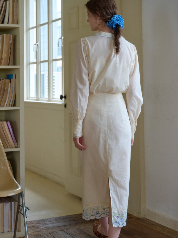 Blue Meadow Embroidered Hem Skirt