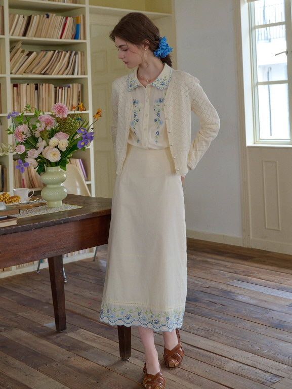 Blue Meadow Embroidered Hem Skirt