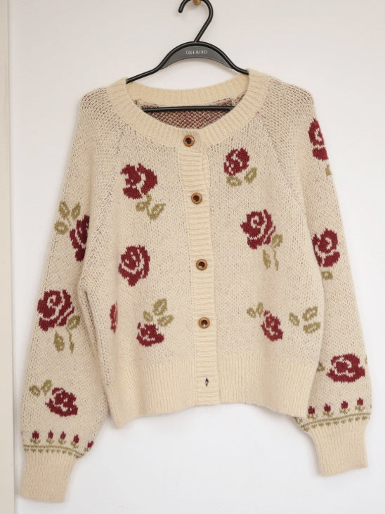 60's vintage rose cardigan ヴィンテージ カーディガン Cream Rose Knit Cardigan – Vintage Floral Cottagecore Winter