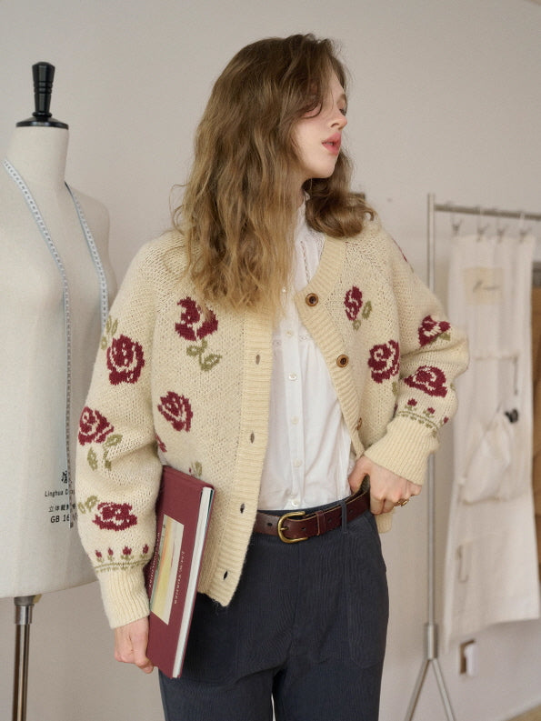 Cream Rose Knit Cardigan – Vintage Floral Cottagecore Winter