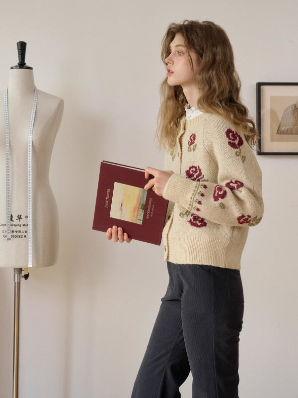 Cream Rose Knit Cardigan – Vintage Floral Cottagecore Winter