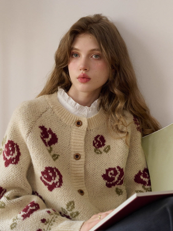 Cream Rose Knit Cardigan – Vintage Floral Cottagecore Winter