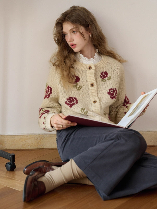 60's vintage rose cardigan ヴィンテージ カーディガン Cream Rose Knit Cardigan – Vintage Floral Cottagecore Winter