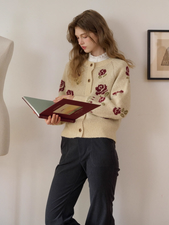 Cream Rose Knit Cardigan – Vintage Floral Cottagecore Winter