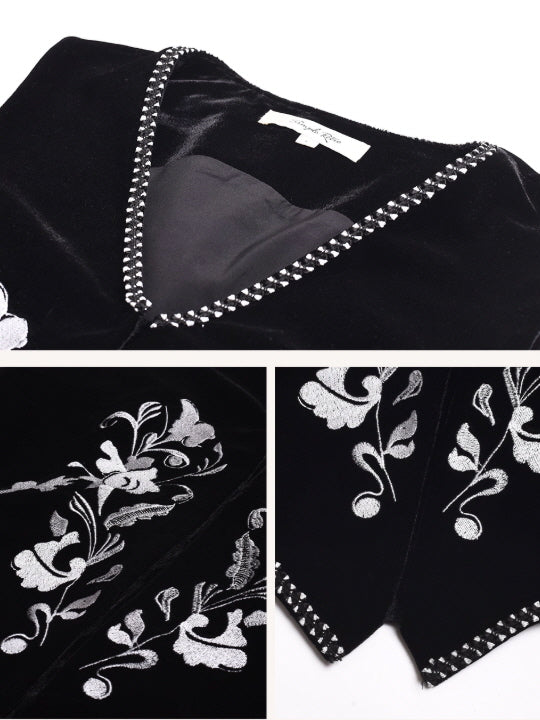 Velvet Embroidered Vest & Skirt – Floral Detail Black Set