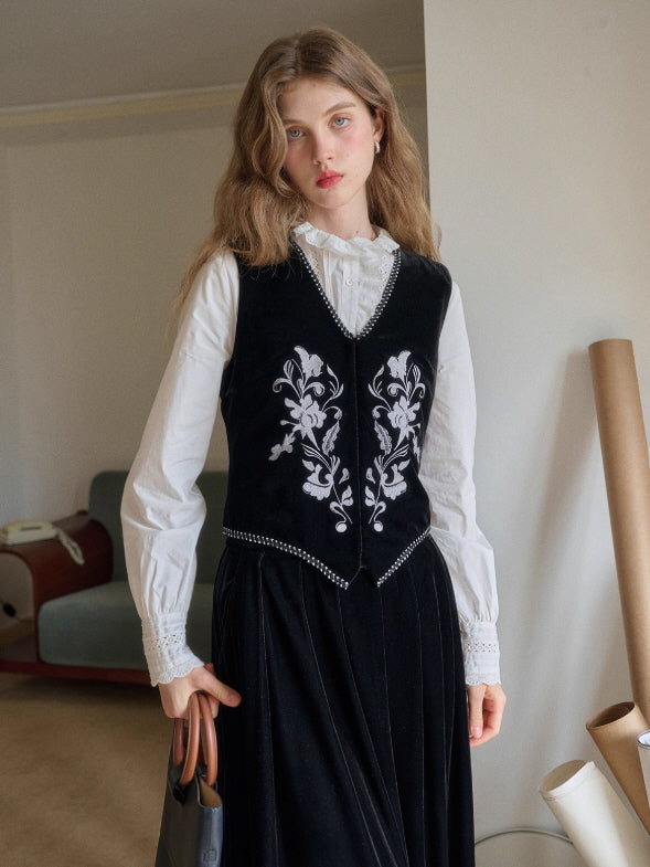 Velvet Embroidered Vest & Skirt – Floral Detail Black Set