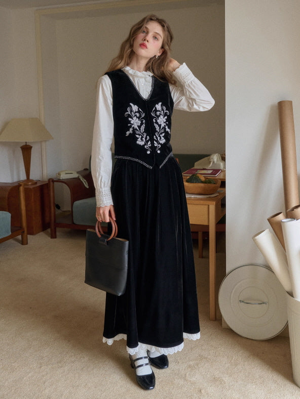 Velvet Garden Embroidered Vintage Vest & Skirt